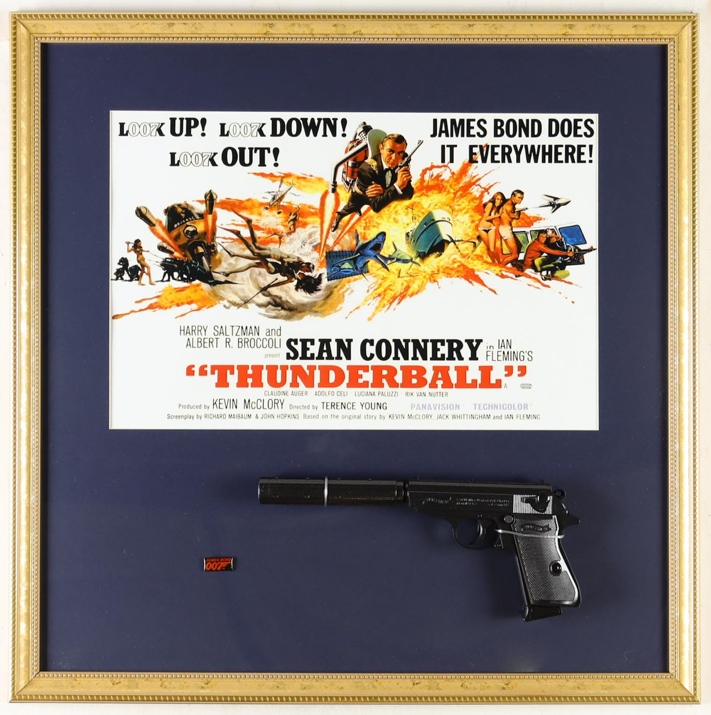 James Bond "Thunderball" Custom Framed Poster Print Display with Replica Walther PPK Prop Pistol & European "007" Movie Pin at PristineAuction.com James Bond "Thunderball" Custom Framed Poster Print Display with Replica Walther PPK Prop Pistol & European "007" Movie Pin at PristineAuction.com