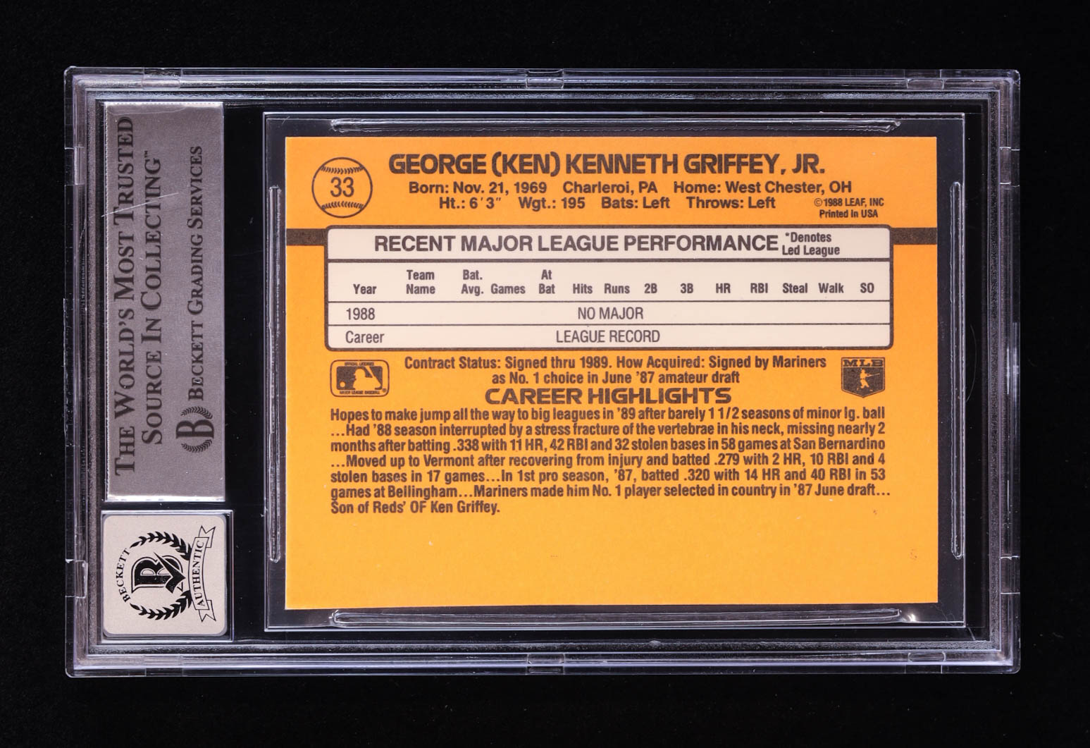 Ken Griffey Jr. Signed 1989 Donruss #33 RR RC (BGS | Auto 10) at PristineAuction.com Ken Griffey Jr. Signed 1989 Donruss #33 RR RC (BGS | Auto 10) at PristineAuction.com