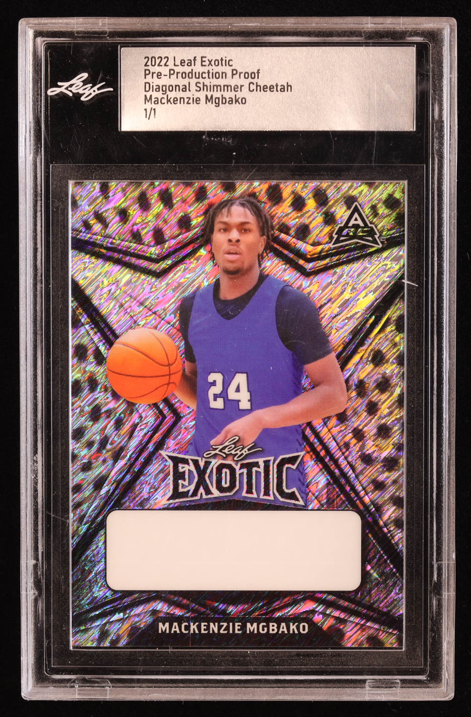 Mackenzie Mgbako 2022 Leaf Exotic Diagonal Shimmer Cheetah Pre-Production Proof #1/1 RC (Leaf) at PristineAuction.com Mackenzie Mgbako 2022 Leaf Exotic Diagonal Shimmer Cheetah Pre-Production Proof #1/1 RC (Leaf) at PristineAuction.com