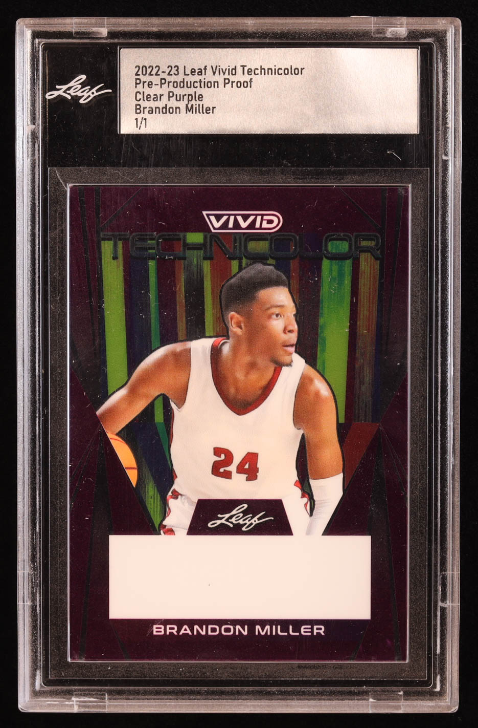 Brandon Miller 2022-23 Leaf Vivid Technicolor Clear Purple Pre-Production Proof #1/1 RC (Leaf) at PristineAuction.com Brandon Miller 2022-23 Leaf Vivid Technicolor Clear Purple Pre-Production Proof #1/1 RC (Leaf) at PristineAuction.com
