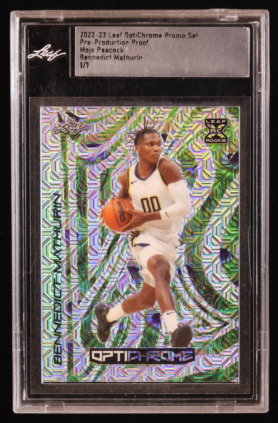 Bennedict Mathurin 2022-23 Leaf OptiChrome Promo Mojo Peacock Pre-Production Proof #1/1 RC (Leaf) at PristineAuction.com Bennedict Mathurin 2022-23 Leaf OptiChrome Promo Mojo Peacock Pre-Production Proof #1/1 RC (Leaf) at PristineAuction.com