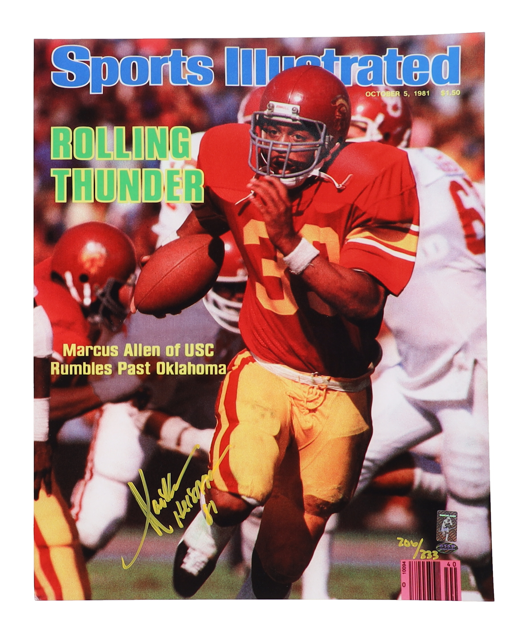 Marcus Allen Signed LE USC Trojans 16x20 Magazine Cover Photo Inscribed "Heisman 81" (Allen & GTSM) at PristineAuction.com Marcus Allen Signed LE USC Trojans 16x20 Magazine Cover Photo Inscribed "Heisman 81" (Allen & GTSM) at PristineAuction.com