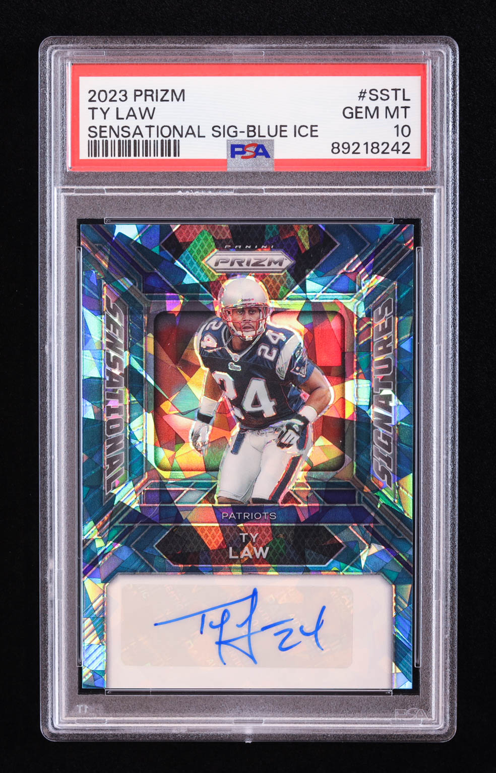 Ty Law 2023 Panini Prizm Sensational Signatures Prizms Blue Ice #4 #17/99 (PSA 10) at PristineAuction.com Ty Law 2023 Panini Prizm Sensational Signatures Prizms Blue Ice #4 #17/99 (PSA 10) at PristineAuction.com
