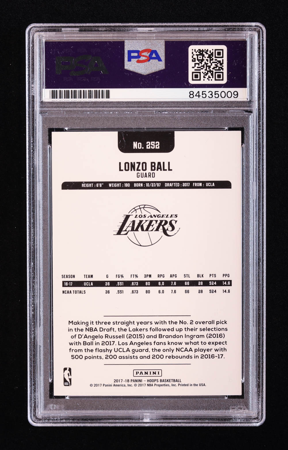 Lonzo Ball Signed 2017-18 Hoops #252 RC (PSA) at PristineAuction.com Lonzo Ball Signed 2017-18 Hoops #252 RC (PSA) at PristineAuction.com