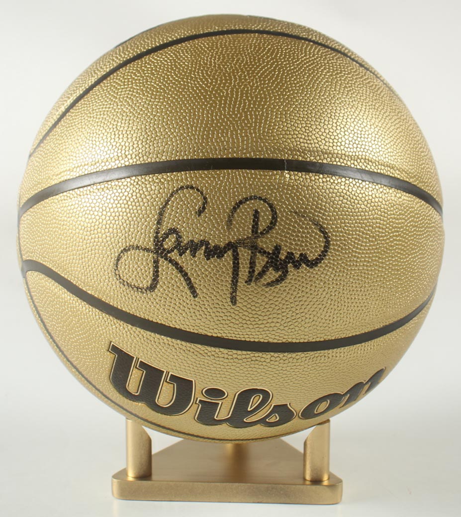 Larry Bird Signed Gold Edition Basketball with Wood Display Stand (Beckett) at PristineAuction.com Larry Bird Signed Gold Edition Basketball with Wood Display Stand (Beckett) at PristineAuction.com