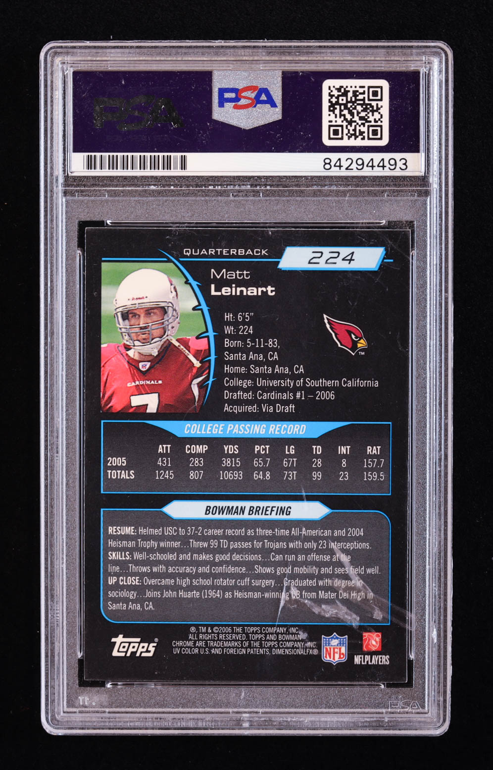 Matt Leinart Signed 2006 Bowman Chrome #224 RC (PSA | Autograph Grade 10) at PristineAuction.com Matt Leinart Signed 2006 Bowman Chrome #224 RC (PSA | Autograph Grade 10) at PristineAuction.com