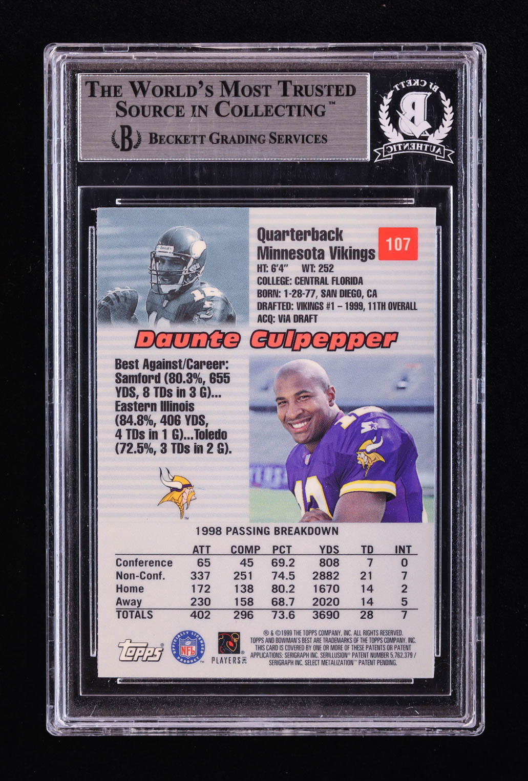 Daunte Culpepper Signed 1999 Bowman's Best #107 RC (BGS) at PristineAuction.com Daunte Culpepper Signed 1999 Bowman's Best #107 RC (BGS) at PristineAuction.com