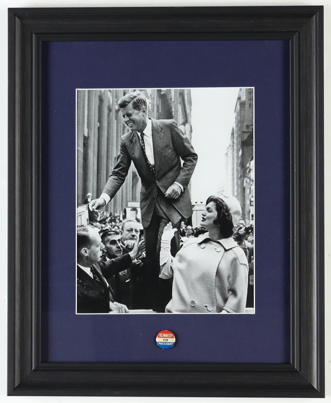 John F Kennedy & Jackie Onassis Custom Framed Campaign Photo with Original 1960 JFK Presidential Campaign Pin at PristineAuction.com John F Kennedy & Jackie Onassis Custom Framed Campaign Photo with Original 1960 JFK Presidential Campaign Pin at PristineAuction.com