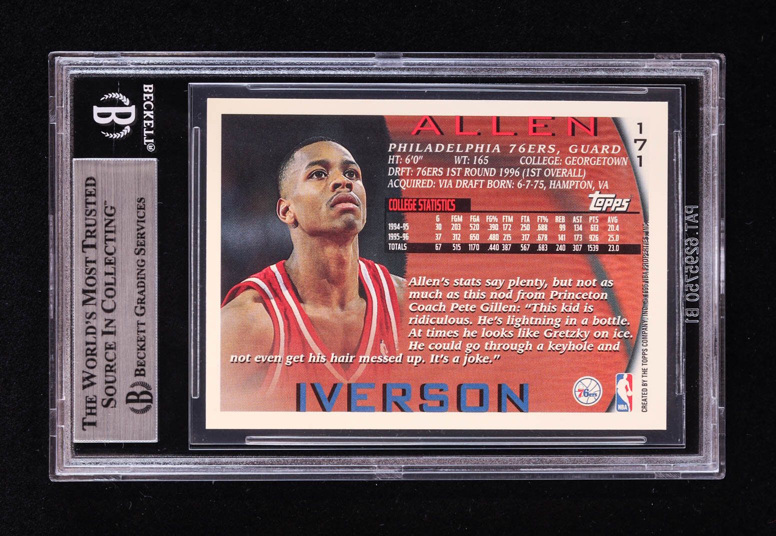 Allen Iverson Signed 1996-97 Topps #171 RC (BGS) at PristineAuction.com Allen Iverson Signed 1996-97 Topps #171 RC (BGS) at PristineAuction.com