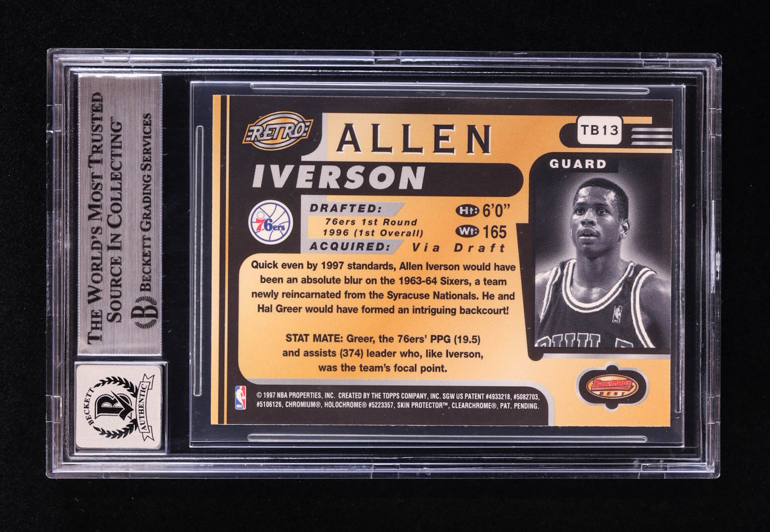 Allen Iverson Signed 1996-97 Bowman's Best #TB13 RET RC (BGS | Autograph Graded BGS 10) at PristineAuction.com Allen Iverson Signed 1996-97 Bowman's Best #TB13 RET RC (BGS | Autograph Graded BGS 10) at PristineAuction.com