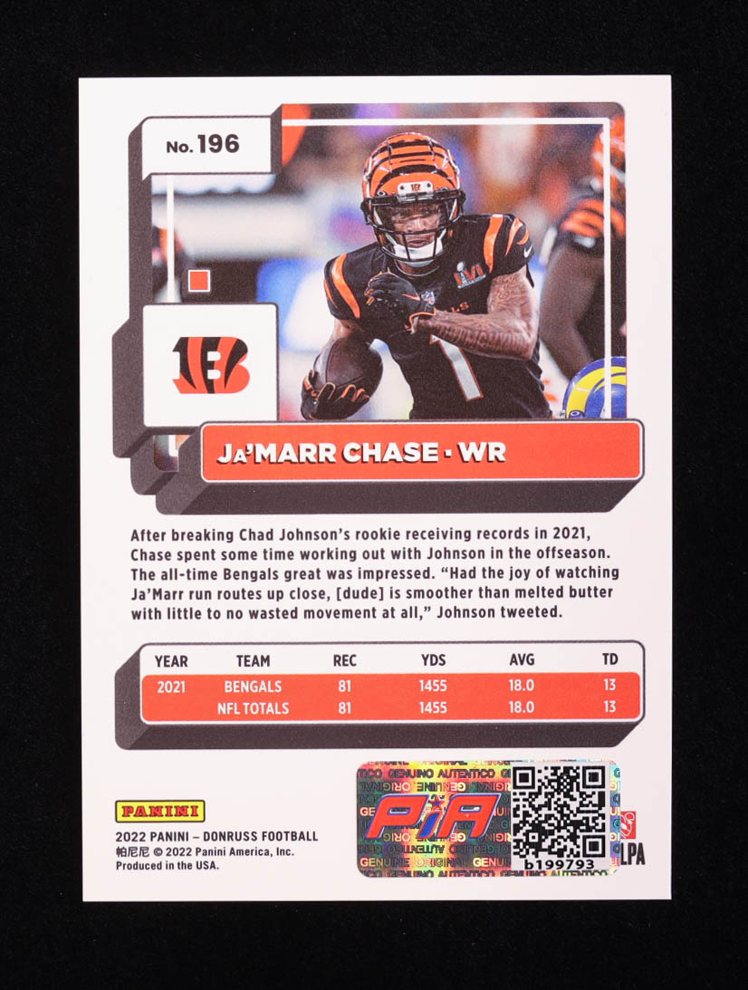 Ja'Marr Chase Signed 2022 Donruss Press Proof Premium #196 (PIA) at PristineAuction.com Ja'Marr Chase Signed 2022 Donruss Press Proof Premium #196 (PIA) at PristineAuction.com