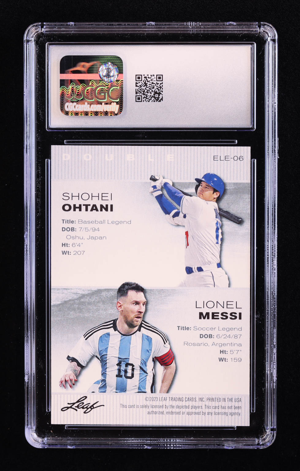 Shohei Ohtani / Lionel Messi 2023 Leaf Special Release Exclusive Legends Edition #ELE06 (CGC 10) at PristineAuction.com Shohei Ohtani / Lionel Messi 2023 Leaf Special Release Exclusive Legends Edition #ELE06 (CGC 10) at PristineAuction.com