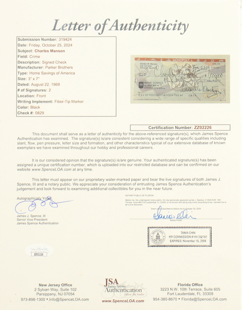 Charles Manson Signed 11.5x14.5 Custom Framed 1969 Personal Check Display With (JSA) at PristineAuction.com Charles Manson Signed 11.5x14.5 Custom Framed 1969 Personal Check Display With (JSA) at PristineAuction.com