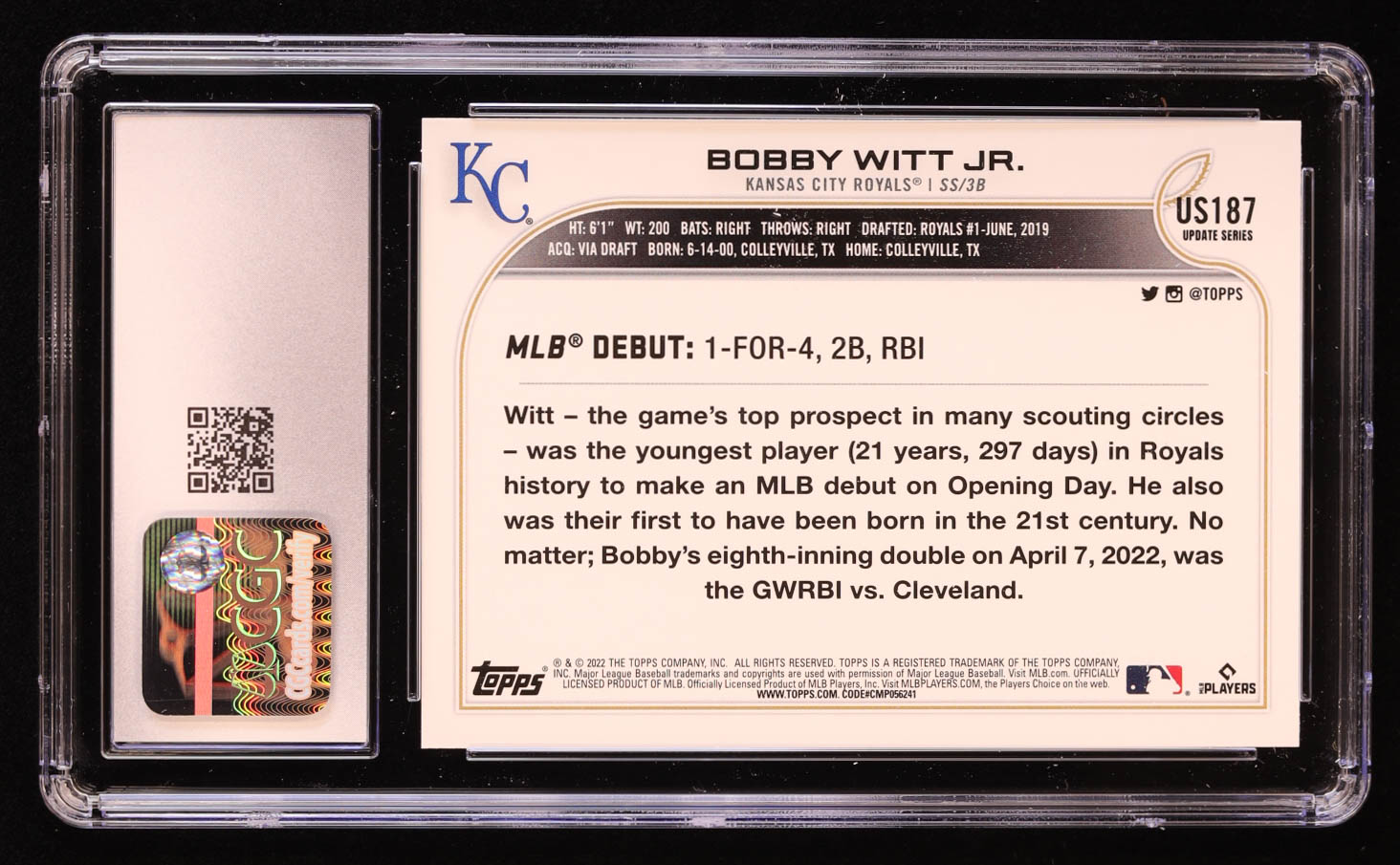 Bobby Witt Jr. 2022 Topps Update #US187 RD RC (CGC 10) at PristineAuction.com Bobby Witt Jr. 2022 Topps Update #US187 RD RC (CGC 10) at PristineAuction.com