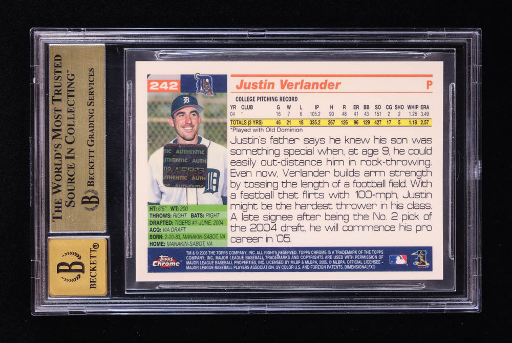Justin Verlander 2005 Topps Chrome Autographs #242 RC (BGS 9.5 | Autograph Graded 10) at PristineAuction.com Justin Verlander 2005 Topps Chrome Autographs #242 RC (BGS 9.5 | Autograph Graded 10) at PristineAuction.com