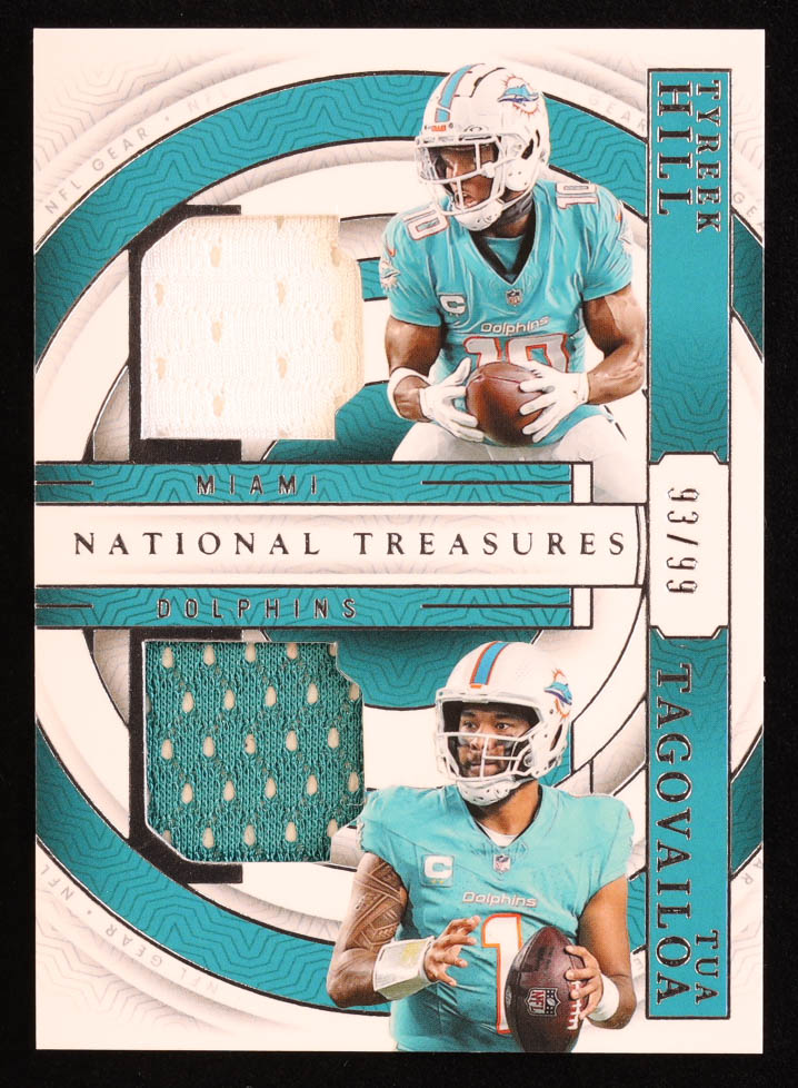 Tyreek Hill / Tua Tagovailoa 2023 Panini National Treasures NFL Gear Combo Materials #18 #93/99 at PristineAuction.com Tyreek Hill / Tua Tagovailoa 2023 Panini National Treasures NFL Gear Combo Materials #18 #93/99 at PristineAuction.com