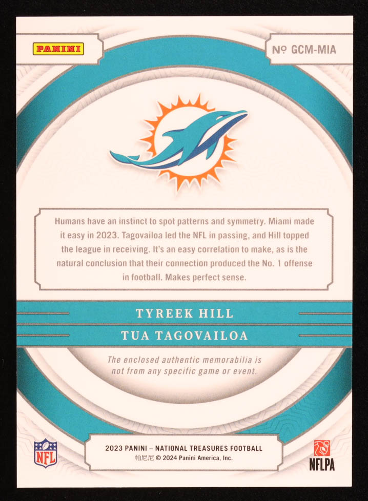 Tyreek Hill / Tua Tagovailoa 2023 Panini National Treasures NFL Gear Combo Materials #18 #93/99 at PristineAuction.com Tyreek Hill / Tua Tagovailoa 2023 Panini National Treasures NFL Gear Combo Materials #18 #93/99 at PristineAuction.com
