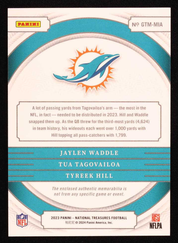 Jaylen Waddle / Tua Tagovailoa / Tyreek Hill 2023 Panini National Treasures NFL Gear Trio Materials #8 #98/99 at PristineAuction.com Jaylen Waddle / Tua Tagovailoa / Tyreek Hill 2023 Panini National Treasures NFL Gear Trio Materials #8 #98/99 at PristineAuction.com