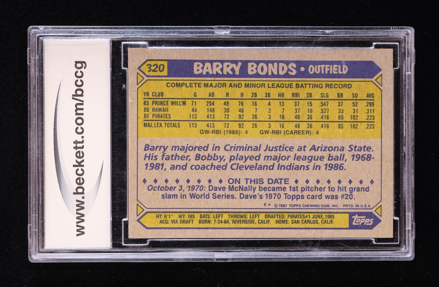 Barry Bonds 1987 Topps #320 RC (BCCG 10) at PristineAuction.com Barry Bonds 1987 Topps #320 RC (BCCG 10) at PristineAuction.com
