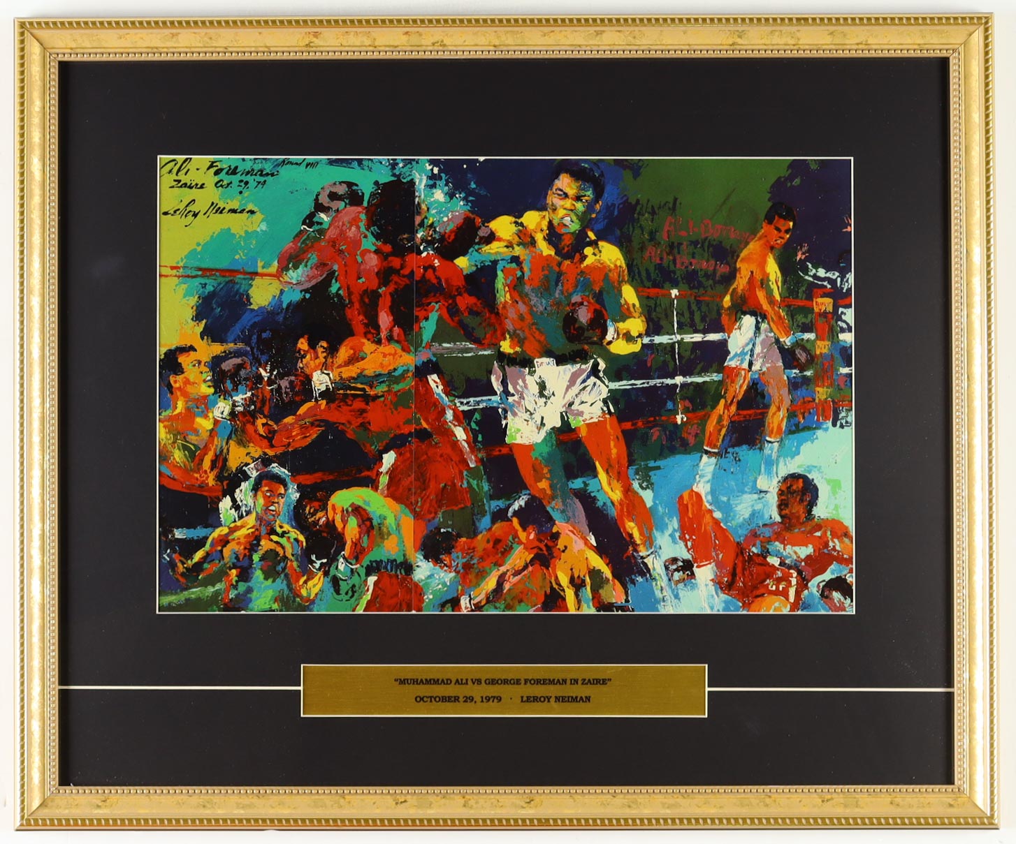 LeRoy Neiman "Muhammad Ali Vs George Foreman In Zaire" Custom Framed Art Print Display at PristineAuction.com LeRoy Neiman "Muhammad Ali Vs George Foreman In Zaire" Custom Framed Art Print Display at PristineAuction.com