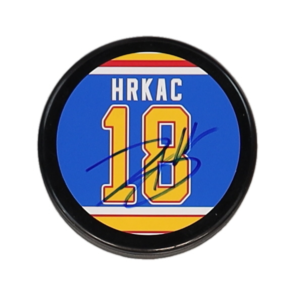 Tony Hrkac Signed Blues Logo Hockey Puck (JSA) at PristineAuction.com