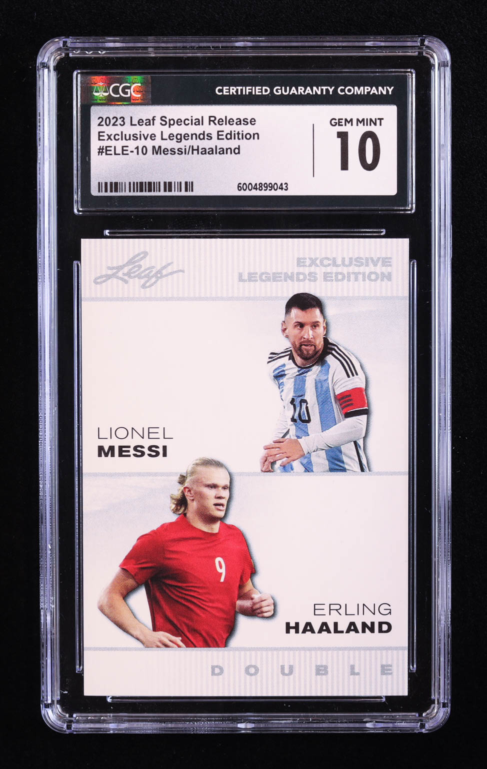 Lionel Messi / Erling Haaland 2022 Leaf Special Release Exclusive Legends Edition #ELE10 (CGC 10) at PristineAuction.com Lionel Messi / Erling Haaland 2022 Leaf Special Release Exclusive Legends Edition #ELE10 (CGC 10) at PristineAuction.com