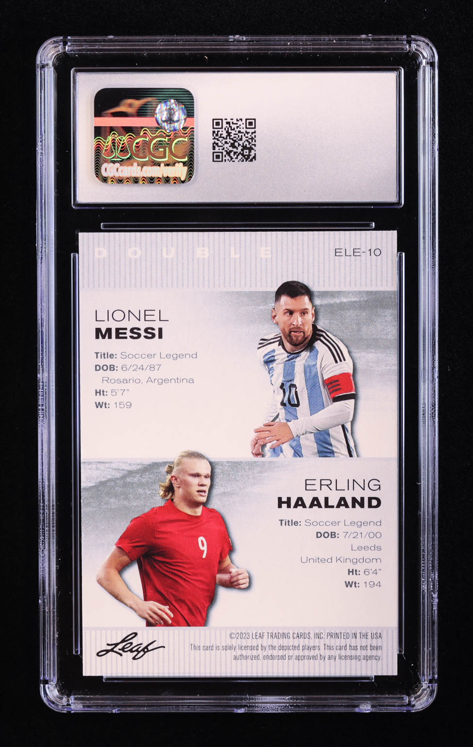 Lionel Messi / Erling Haaland 2022 Leaf Special Release Exclusive Legends Edition #ELE10 (CGC 10) at PristineAuction.com Lionel Messi / Erling Haaland 2022 Leaf Special Release Exclusive Legends Edition #ELE10 (CGC 10) at PristineAuction.com