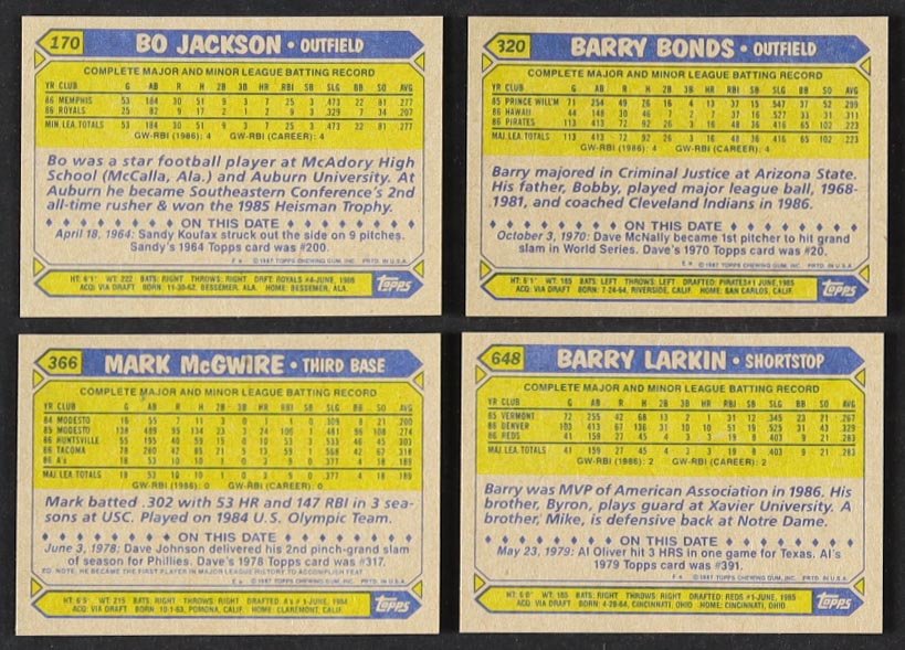 1987 Topps Baseball Complete Set of (792) Cards with Bo Jackson #170 RC, Barry Bonds #320 RC, Mark McGwire #366 RC, Barry Larkin #648 RC at PristineAuction.com 1987 Topps Baseball Complete Set of (792) Cards with Bo Jackson #170 RC, Barry Bonds #320 RC, Mark McGwire #366 RC, Barry Larkin #648 RC at PristineAuction.com