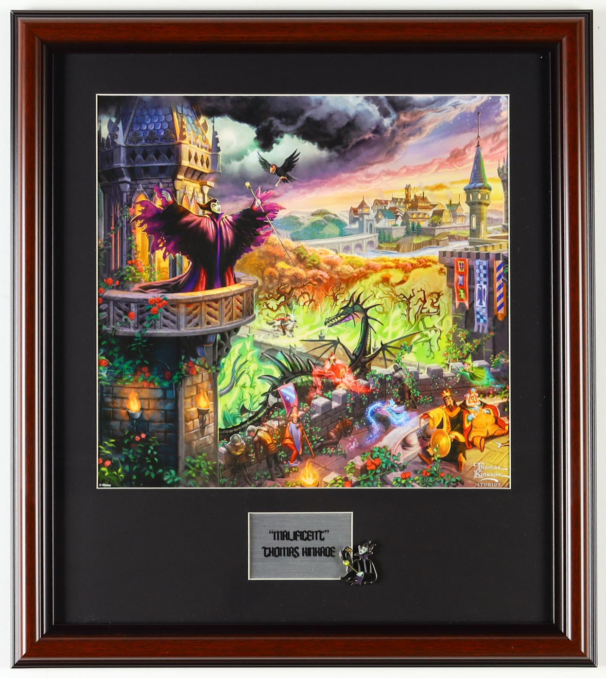 Disney "Malificent's Curse" by Thomas Kinkade Custom Framed Print Display With with Vintage Retired Malificent Pin at PristineAuction.com Disney "Malificent's Curse" by Thomas Kinkade Custom Framed Print Display With with Vintage Retired Malificent Pin at PristineAuction.com