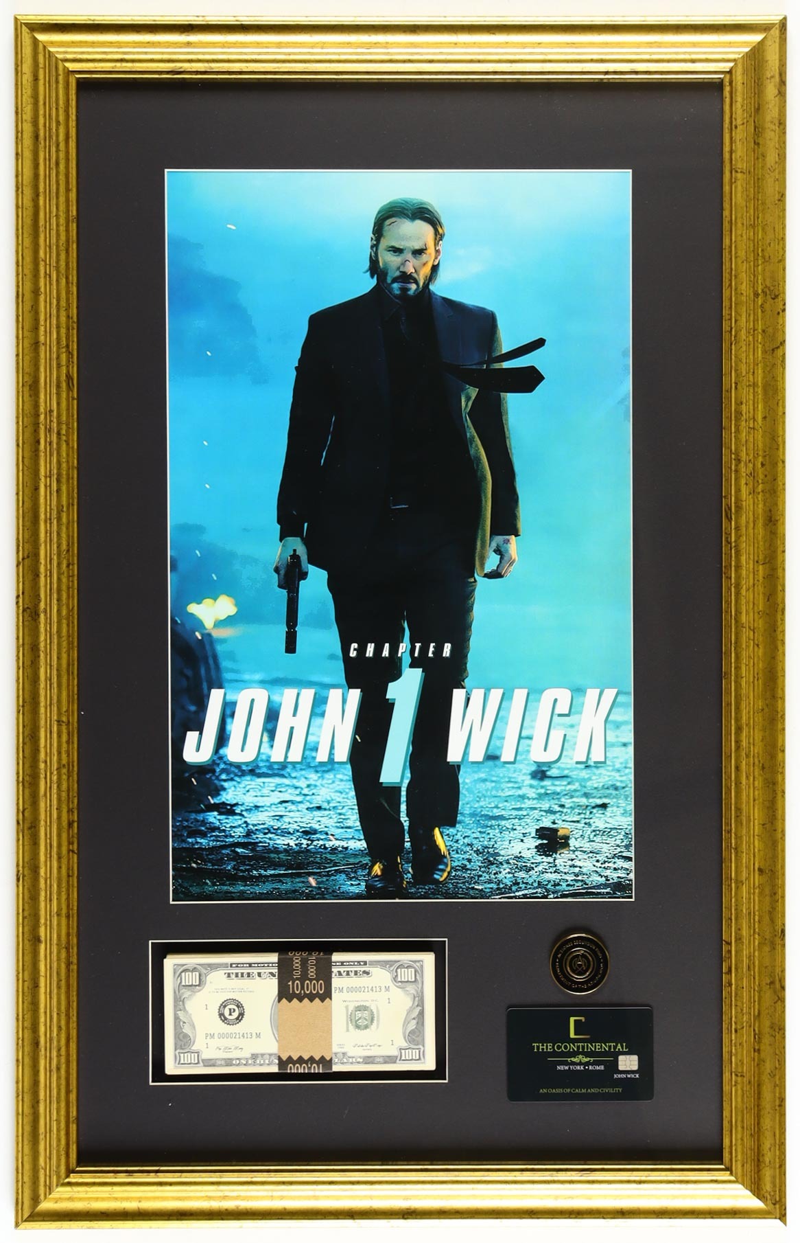 "John Wick Chapter 1" Custom Framed Movie Poster Display with Replica Money Stack, Prop Replica Adjudicator Coin & Continental Hotel Key Card at PristineAuction.com "John Wick Chapter 1" Custom Framed Movie Poster Display with Replica Money Stack, Prop Replica Adjudicator Coin & Continental Hotel Key Card at PristineAuction.com