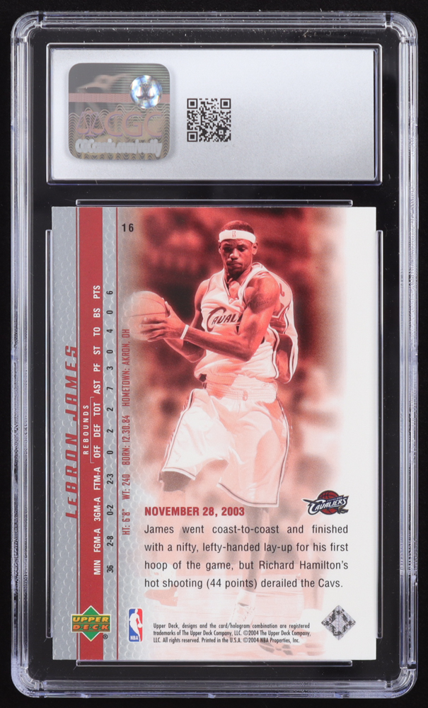 LeBron James 2003-04 Upper Deck Phenomenal Beginning LeBron James #16 RC / James Is Always Ready (CGC 10) at PristineAuction.com LeBron James 2003-04 Upper Deck Phenomenal Beginning LeBron James #16 RC / James Is Always Ready (CGC 10) at PristineAuction.com