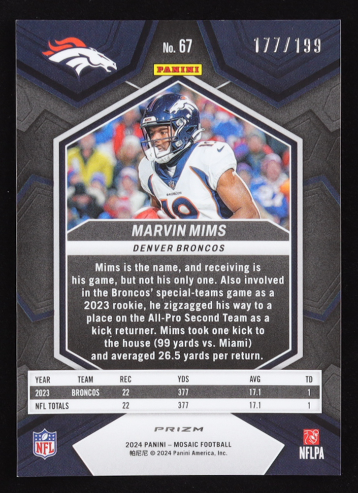 Marvin Mims 2024 Panini Mosaic Mosaic Orange #67 #177/199 RC at PristineAuction.com Marvin Mims 2024 Panini Mosaic Mosaic Orange #67 #177/199 RC at PristineAuction.com