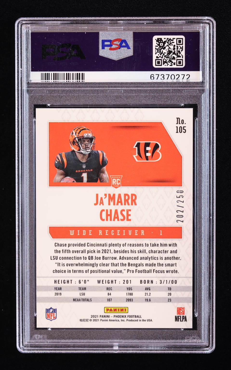 Ja'Marr Chase 2021 Panini Phoenix Fire Burst #105 RC (PSA 10) at PristineAuction.com Ja'Marr Chase 2021 Panini Phoenix Fire Burst #105 RC (PSA 10) at PristineAuction.com