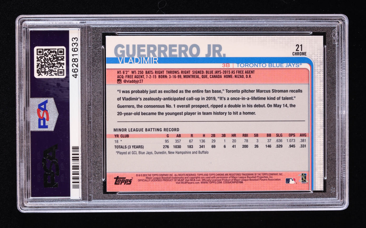 Vladimir Guerrero Jr. 2019 Topps Chrome Update #21 RC (PSA 10) at PristineAuction.com Vladimir Guerrero Jr. 2019 Topps Chrome Update #21 RC (PSA 10) at PristineAuction.com