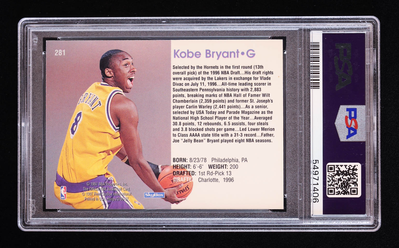 Kobe Bryant 1996-97 Hoops #281 RC (PSA 8) at PristineAuction.com Kobe Bryant 1996-97 Hoops #281 RC (PSA 8) at PristineAuction.com