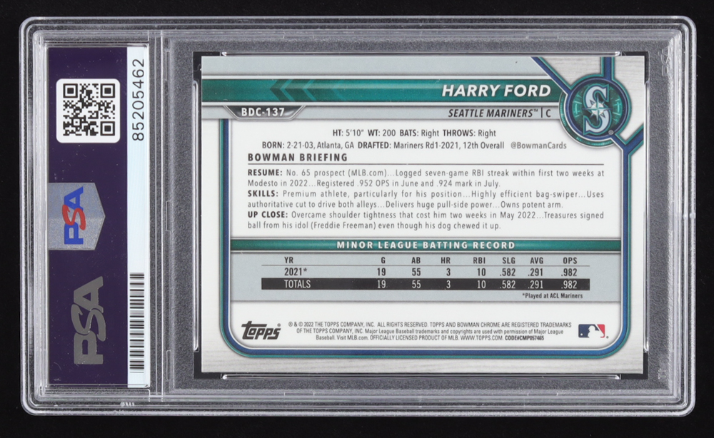 Harry Ford Signed 2022 Bowman Chrome Draft Sapphire #BDC137 RC (PSA) at PristineAuction.com Harry Ford Signed 2022 Bowman Chrome Draft Sapphire #BDC137 RC (PSA) at PristineAuction.com