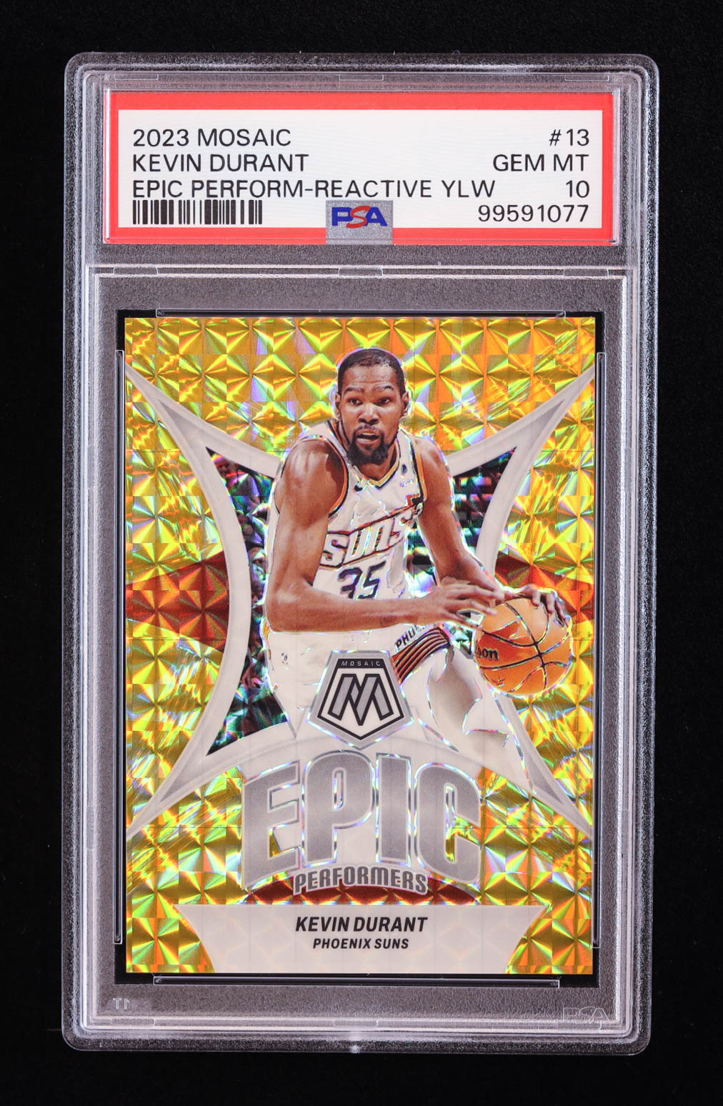 Kevin Durant 2023-24 Panini Mosaic Epic Performers Mosaic Reactive Yellow #13 #52/99 (PSA 10) at PristineAuction.com Kevin Durant 2023-24 Panini Mosaic Epic Performers Mosaic Reactive Yellow #13 #52/99 (PSA 10) at PristineAuction.com