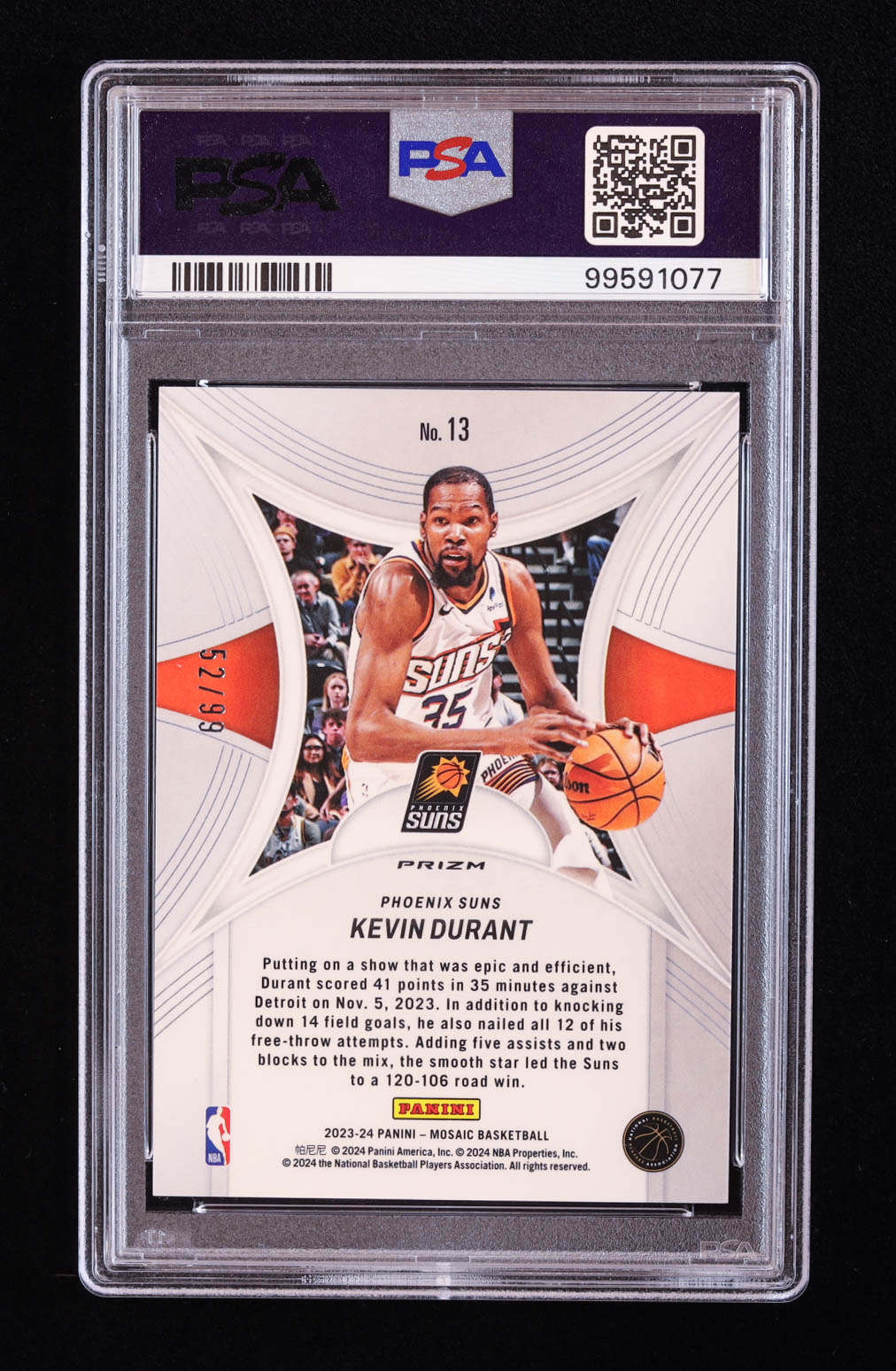 Kevin Durant 2023-24 Panini Mosaic Epic Performers Mosaic Reactive Yellow #13 #52/99 (PSA 10) at PristineAuction.com Kevin Durant 2023-24 Panini Mosaic Epic Performers Mosaic Reactive Yellow #13 #52/99 (PSA 10) at PristineAuction.com