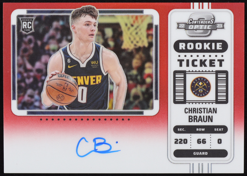 Christian Braun 2022-23 Panini Contenders Optic Rookie Ticket Autographs Variations Prizms Red #103 RC #44/99 at PristineAuction.com Christian Braun 2022-23 Panini Contenders Optic Rookie Ticket Autographs Variations Prizms Red #103 RC #44/99 at PristineAuction.com