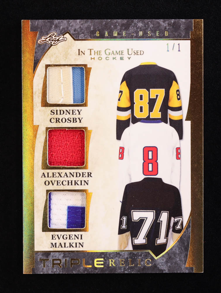 Sidney Crosby / Alexander Ovechkin / Evgeni Malkin 2023 ITG Used Sports Triple Relic Spectrum Gold #GTR3 #1/1 at PristineAuction.com Sidney Crosby / Alexander Ovechkin / Evgeni Malkin 2023 ITG Used Sports Triple Relic Spectrum Gold #GTR3 #1/1 at PristineAuction.com