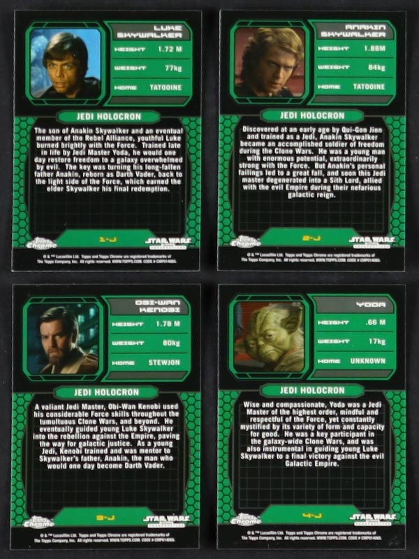 2015 Topps Chrome Star Wars Perspectives Jedi vs. Sith Complete Refractor Set of (100) Cards with Yoda #4J, Obi-Wan Kenobi #3J, Anakin Skywalker #2J, Luke Skywalker #1J at PristineAuction.com 2015 Topps Chrome Star Wars Perspectives Jedi vs. Sith Complete Refractor Set of (100) Cards with Yoda #4J, Obi-Wan Kenobi #3J, Anakin Skywalker #2J, Luke Skywalker #1J at PristineAuction.com