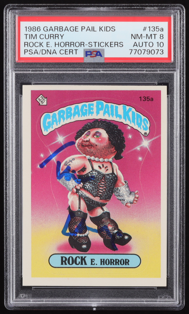 Tim Curry Signed 1986 Garbage Pail Kids "Rock E. Horror" Stickers #135a (PSA 8 | Autograph Grade PSA 10) at PristineAuction.com Tim Curry Signed 1986 Garbage Pail Kids "Rock E. Horror" Stickers #135a (PSA 8 | Autograph Grade PSA 10) at PristineAuction.com