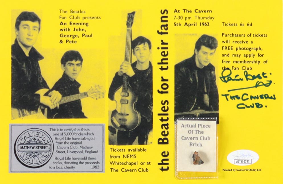 Pete Best Signed The Cavern Club Flyer with Brick Piece Inscribed "The Cavern Club" (JSA) at PristineAuction.com Pete Best Signed The Cavern Club Flyer with Brick Piece Inscribed "The Cavern Club" (JSA) at PristineAuction.com