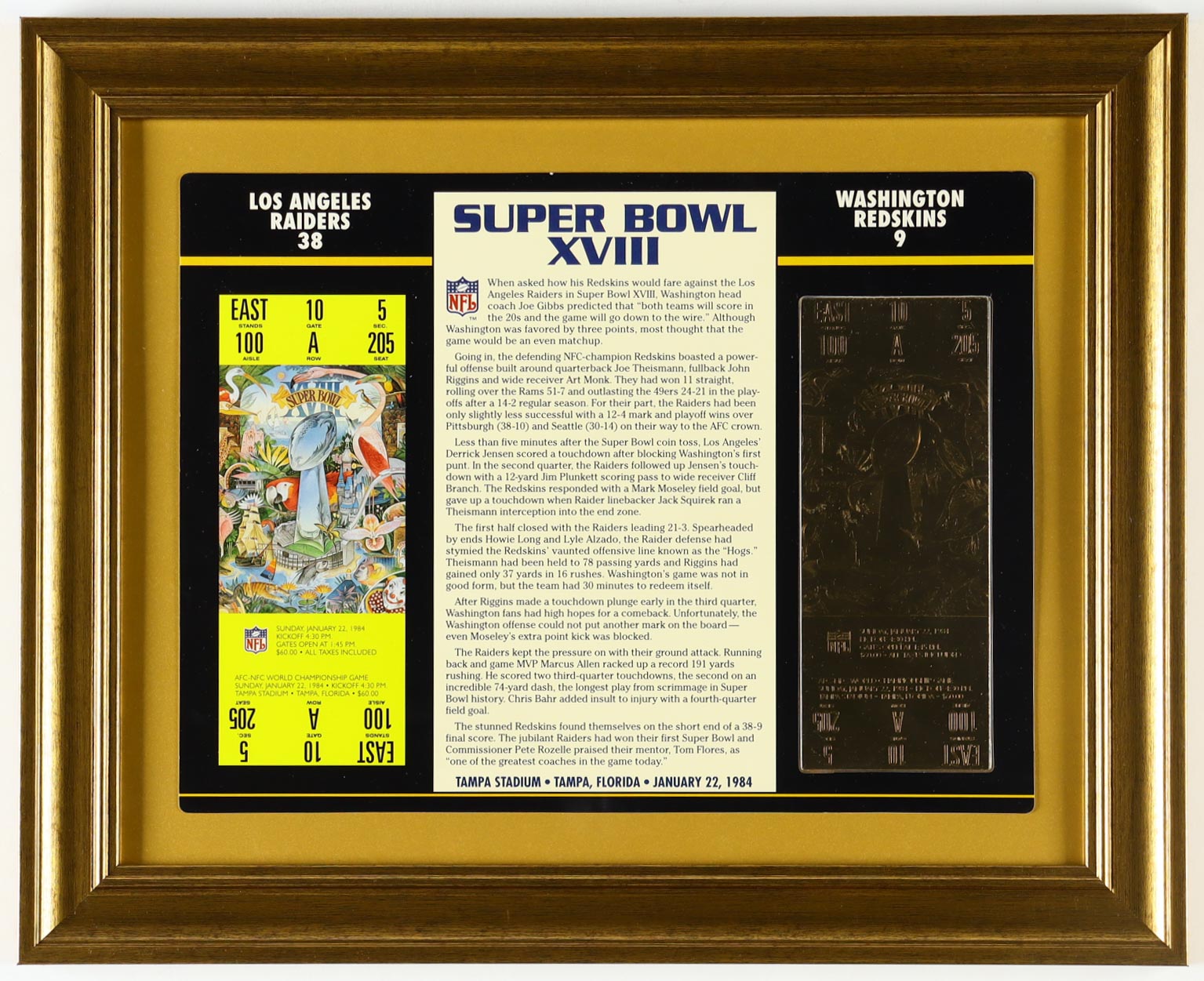 Super Bowl XVIII Commemorative Custom Framed Score Card Display with 23KT Gold Ticket at PristineAuction.com Super Bowl XVIII Commemorative Custom Framed Score Card Display with 23KT Gold Ticket at PristineAuction.com