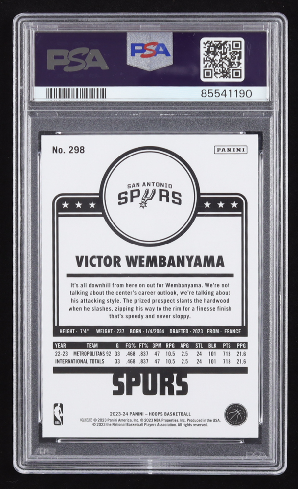 Victor Wembanyama 2023-24 Hoops #298 RC (PSA 10) at PristineAuction.com Victor Wembanyama 2023-24 Hoops #298 RC (PSA 10) at PristineAuction.com