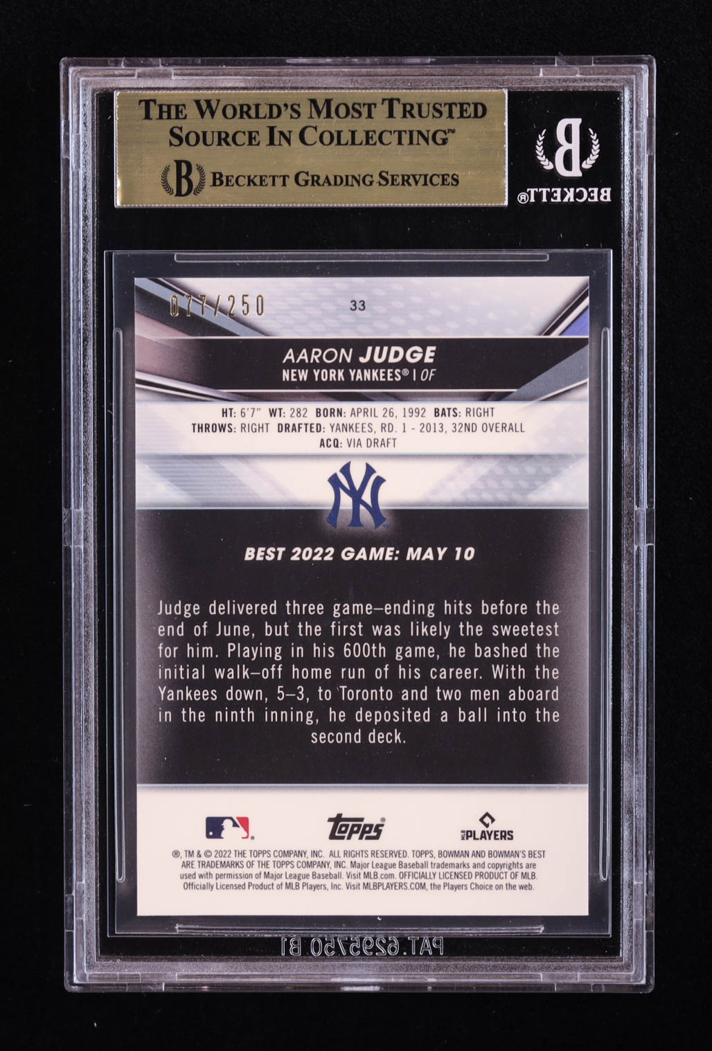 Aaron Judge 2022 Bowman's Best Purple Refractors #33 #77/250 (BGS 9.5) at PristineAuction.com Aaron Judge 2022 Bowman's Best Purple Refractors #33 #77/250 (BGS 9.5) at PristineAuction.com