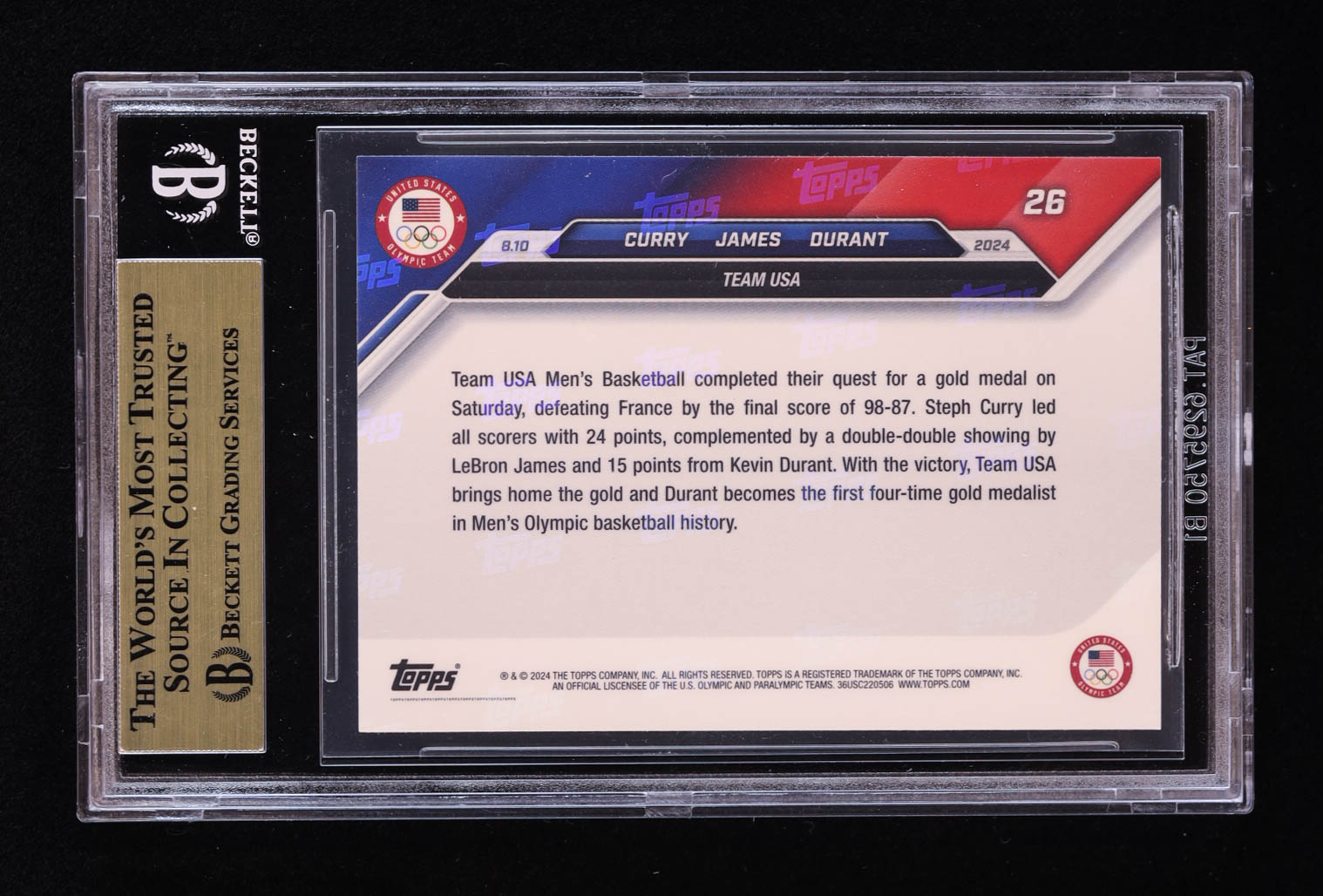 Stephen Curry / LeBron James / Kevin Durant 2024 Topps Now Olympic Games #26 (BGS 10) at PristineAuction.com Stephen Curry / LeBron James / Kevin Durant 2024 Topps Now Olympic Games #26 (BGS 10) at PristineAuction.com