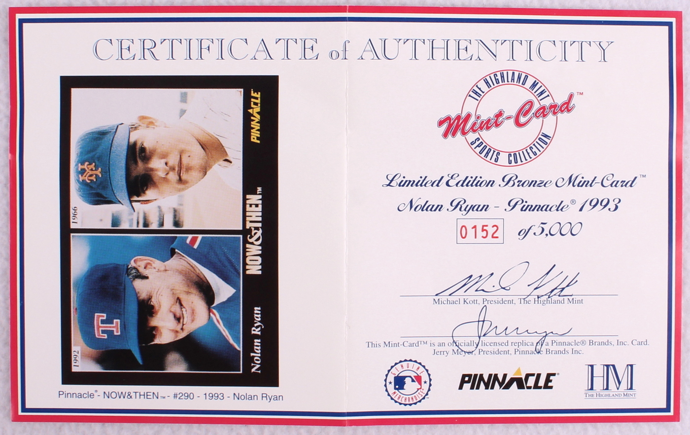 Nolan Ryan LE 1993 Pinnacle #290 Solid Bronze Baseball Card from Highland Mint with Display Case & Original Packaging at PristineAuction.com Nolan Ryan LE 1993 Pinnacle #290 Solid Bronze Baseball Card from Highland Mint with Display Case & Original Packaging at PristineAuction.com