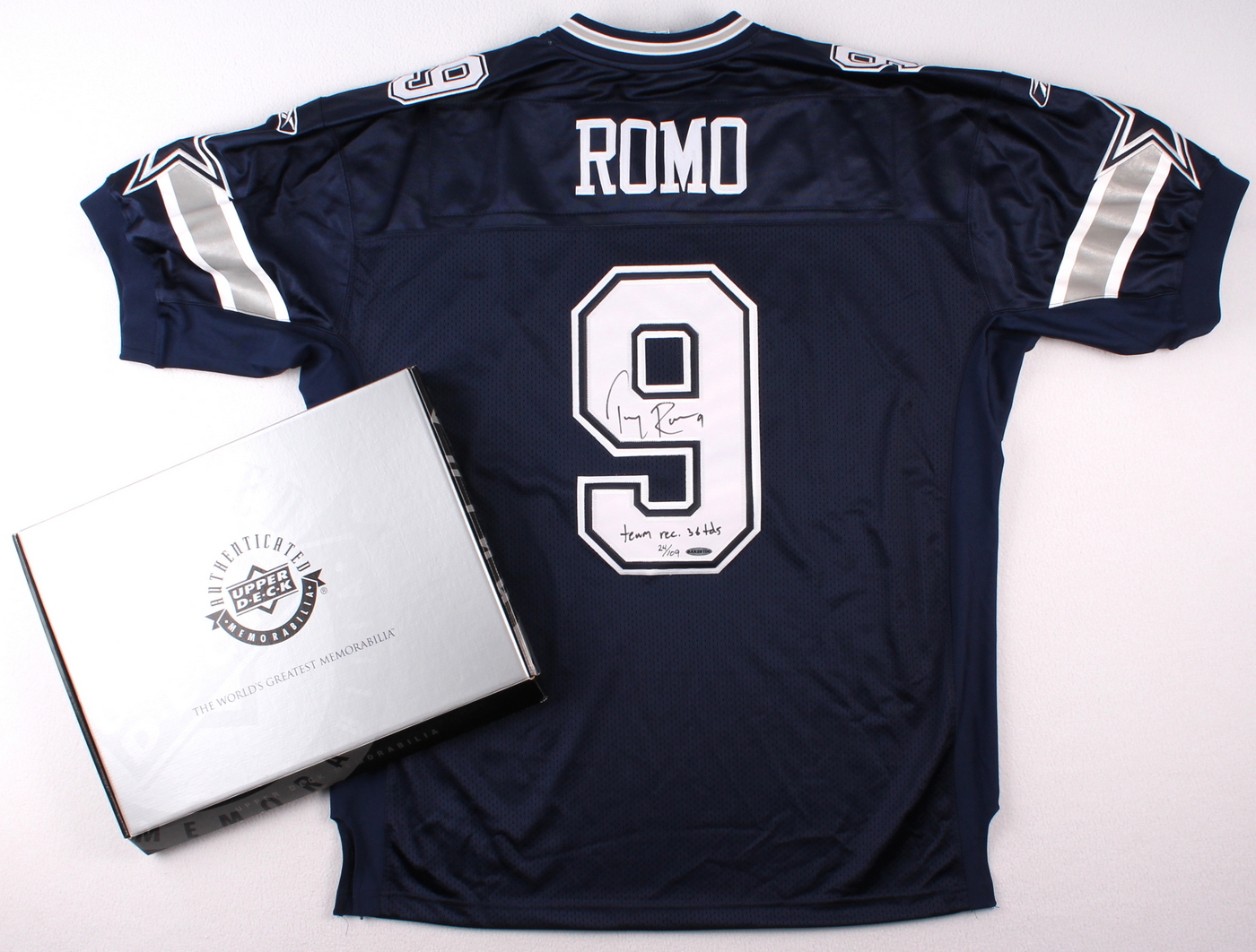 Tony Romo Signed Cowboys Authentic Reebok Jersey Inscribed "Team Rec. 36 TDs" (UDA COA) at PristineAuction.com Tony Romo Signed Cowboys Authentic Reebok Jersey Inscribed "Team Rec. 36 TDs" (UDA COA) at PristineAuction.com
