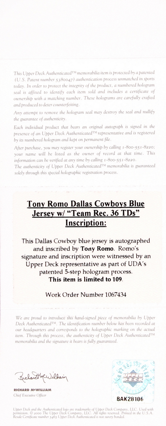 Tony Romo Signed Cowboys Authentic Reebok Jersey Inscribed "Team Rec. 36 TDs" (UDA COA) at PristineAuction.com Tony Romo Signed Cowboys Authentic Reebok Jersey Inscribed "Team Rec. 36 TDs" (UDA COA) at PristineAuction.com
